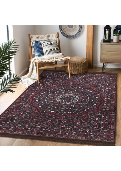 Kırmızı Zeminde Hereke Motifli Kilim Desenli Etnik Motifler Avangarde Dijital Baskılı Makinede Yıkanabilir Kaymaz Taban Saçaklı Halı modelleri