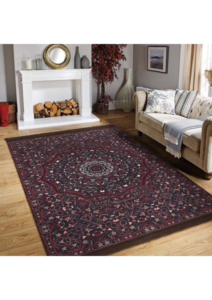 Kırmızı Zeminde Hereke Motifli Kilim Desenli Etnik Motifler Avangarde Dijital Baskılı Makinede Yıkanabilir Kaymaz Taban Saçaklı Halı indirimleri