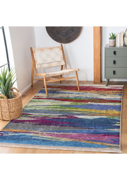 Çok Renkli Zeminde Yağlı Boya Motifli Modern Sanat Desenli Modern Dijital Baskılı Makinede Yıkanabilir Kaymaz Taban Saçaklı Halı modelleri