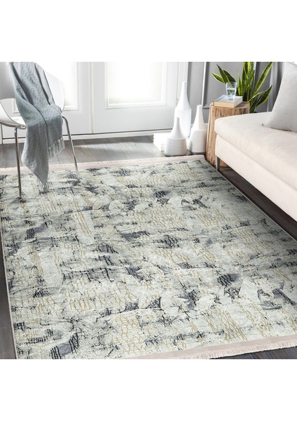 Gri Zeminde Eskitme Motifli Retro Desenli Eskitme Motifli Floral Dijital Baskılı Makinede Yıkanabilir Kaymaz Taban Saçaklı Halı modelleri