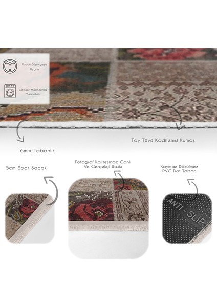 Bej Zeminde Patchwork Motifli Çiçek Desenli Vintage Klasik Dijital Baskılı Makinede Yıkanabilir Kaymaz Taban Saçaklı Halı fırsatları