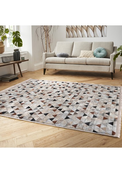 Krem - Kahverengi Zeminde Patchwork Motifli Geleneksel Desenli Geometrik Dijital Baskılı Makinede Yıkanabilir Kaymaz Taban Saçaklı Halı modelleri