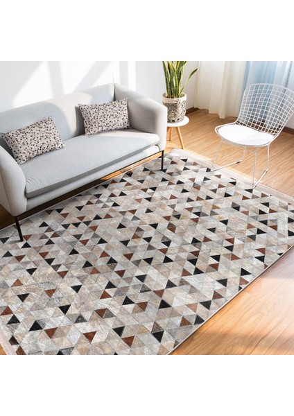 Krem - Kahverengi Zeminde Patchwork Motifli Geleneksel Desenli Geometrik Dijital Baskılı Makinede Yıkanabilir Kaymaz Taban Saçaklı Halı indirimleri