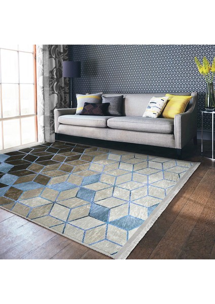 Siyah - Mavi Zeminde Geometrik Motifli Mozaik Desenli Geometrik Klasik Dijital Baskılı Makinede Yıkanabilir Kaymaz Taban Saçaklı Halı modelleri
