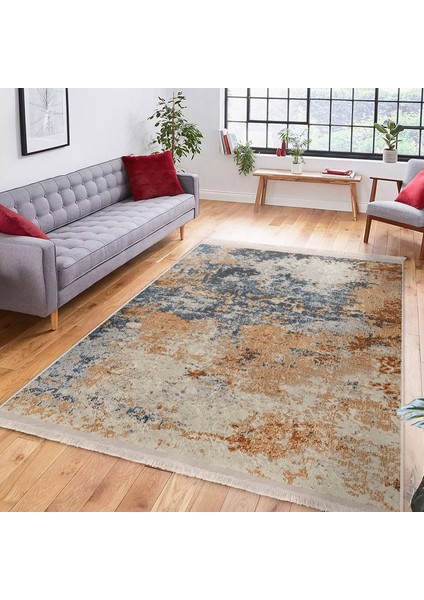 Mavi - Yavruağzı Zeminde Dokuma Motifli Kilim Desenli Eskitme Motifli Vintage Dijital Baskılı Makinede Yıkanabilir Kaymaz Taban Saçaklı Halı indirimleri