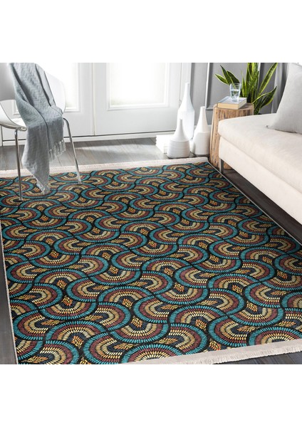 Mavi - Kahverengi Zeminde Etnik Motifli Art Deco Desenli Geometrik Vintage Dijital Baskılı Makinede Yıkanabilir Kaymaz Taban Saçaklı Halı fiyatları