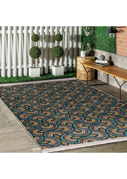 Mavi - Kahverengi Zeminde Etnik Motifli Art Deco Desenli Geometrik Vintage Dijital Baskılı Makinede Yıkanabilir Kaymaz Taban Saçaklı Halı modelleri