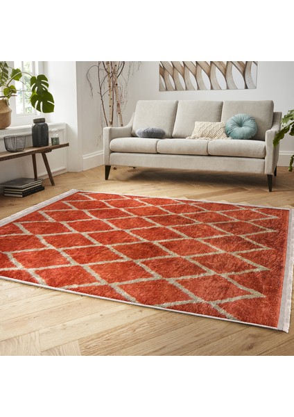 Turuncu - Krem Zeminde Etnik Motifli El Dokuma Desenli Geometrik Eskitme Motifli Dijital Baskılı Makinede Yıkanabilir Kaymaz Taban Saçaklı Halı modelleri