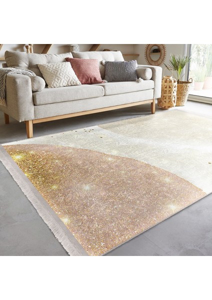 Gold - Krem Zeminde Modern Motifli Abstract Desenli Bohem Klasik Dijital Baskılı Makinede Yıkanabilir Kaymaz Taban Saçaklı Halı