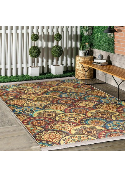 Hardal Zeminde Etnik Motifli Kilim Desenli Vintage Geometrik Dijital Baskılı Makinede Yıkanabilir Kaymaz Taban Saçaklı Halı modelleri