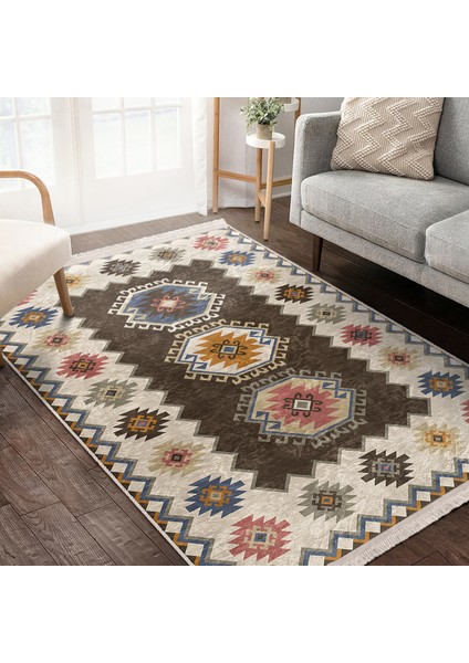 Kahverengi Zeminde Etnik Motifli Kilim Desenli Avangarde Vintage Dijital Baskılı Makinede Yıkanabilir Kaymaz Taban Saçaklı Halı modelleri