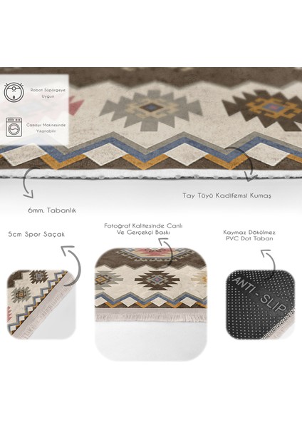Kahverengi Zeminde Etnik Motifli Kilim Desenli Avangarde Vintage Dijital Baskılı Makinede Yıkanabilir Kaymaz Taban Saçaklı Halı fırsatları