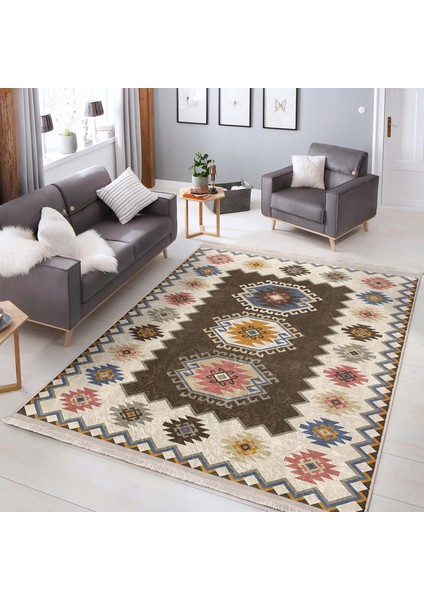 Kahverengi Zeminde Etnik Motifli Kilim Desenli Avangarde Vintage Dijital Baskılı Makinede Yıkanabilir Kaymaz Taban Saçaklı Halı indirimleri