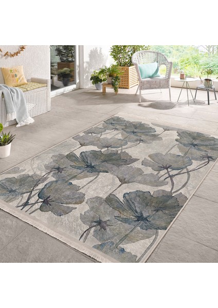 Ekru - Gri Zeminde Yağlıboya Motifli Çiçek Desenli Floral Vintage Dijital Baskılı Makinede Yıkanabilir Kaymaz Taban Saçaklı Halı fiyatları