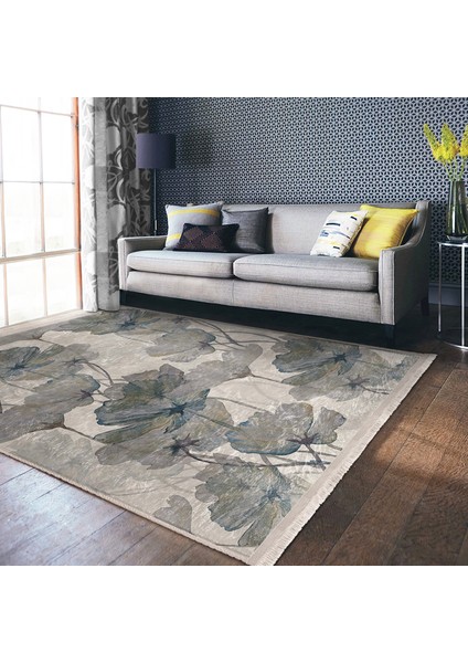 Ekru - Gri Zeminde Yağlıboya Motifli Çiçek Desenli Floral Vintage Dijital Baskılı Makinede Yıkanabilir Kaymaz Taban Saçaklı Halı modelleri