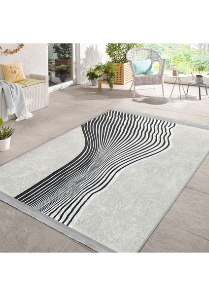 Gri - Ekru Zeminde Modern Sanat Motifli Klasik Desenli Modern Dijital Baskılı Makinede Yıkanabilir Kaymaz Taban Saçaklı Halı