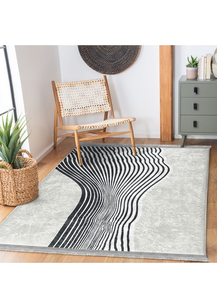 Gri - Ekru Zeminde Modern Sanat Motifli Klasik Desenli Modern Dijital Baskılı Makinede Yıkanabilir Kaymaz Taban Saçaklı Halı modelleri