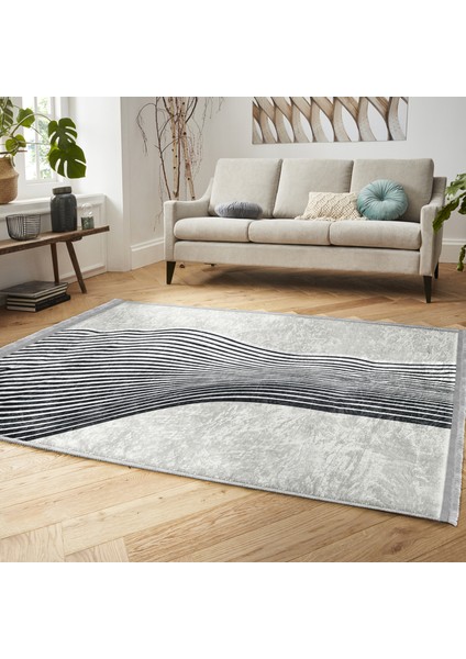 Gri - Ekru Zeminde Modern Sanat Motifli Klasik Desenli Modern Dijital Baskılı Makinede Yıkanabilir Kaymaz Taban Saçaklı Halı indirimleri