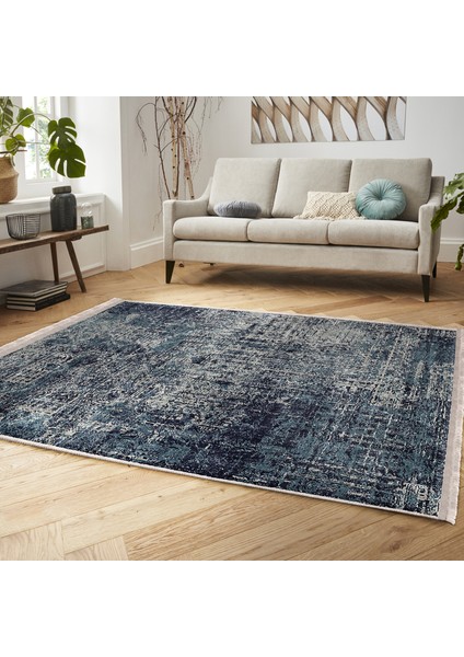 Lacivert Zeminde Örme Motifli Kilim Desenli Eskitme Motifli Vintage Dijital Baskılı Makinede Yıkanabilir Kaymaz Taban Saçaklı Halı