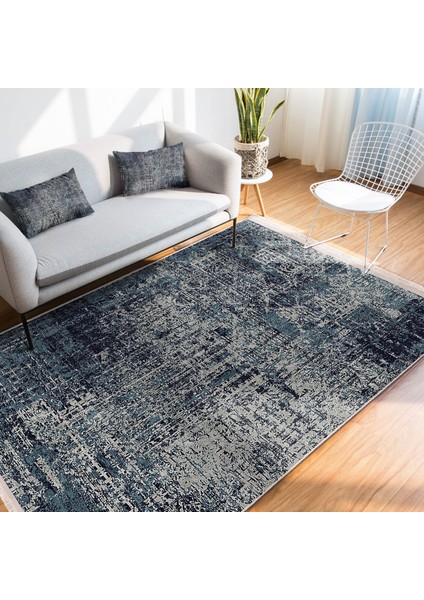 Lacivert Zeminde Örme Motifli Kilim Desenli Eskitme Motifli Vintage Dijital Baskılı Makinede Yıkanabilir Kaymaz Taban Saçaklı Halı fiyatları