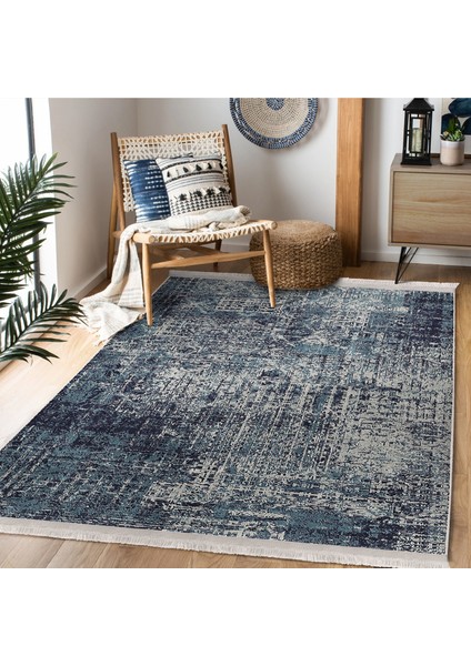 Lacivert Zeminde Örme Motifli Kilim Desenli Eskitme Motifli Vintage Dijital Baskılı Makinede Yıkanabilir Kaymaz Taban Saçaklı Halı modelleri