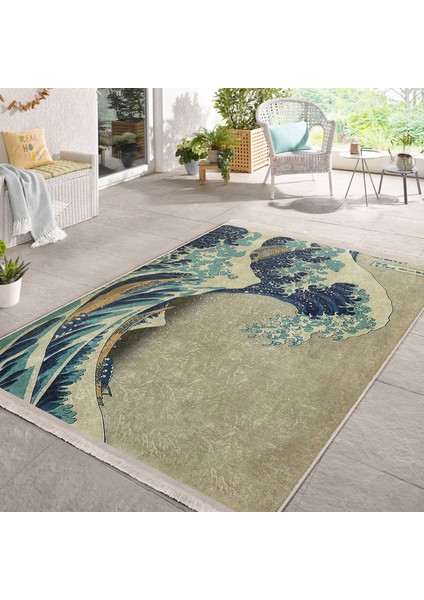 Mavi - Gri Zeminde Sanat Eseri Motifli Kanagawa Dalgası Desenli Vintage Dijital Baskılı Makinede Yıkanabilir Kaymaz Taban Saçaklı Halı fiyatları