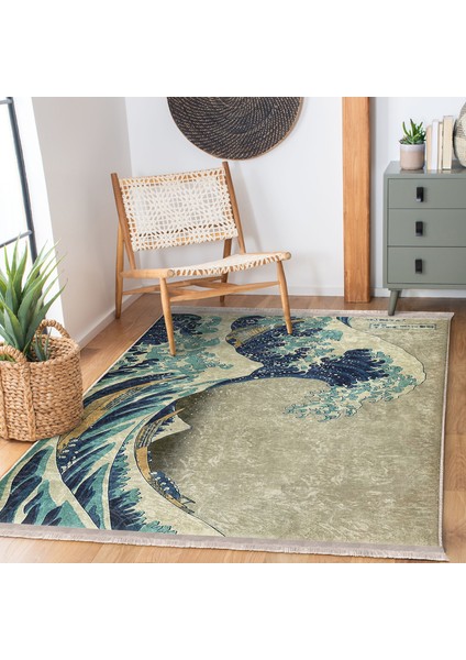 Mavi - Gri Zeminde Sanat Eseri Motifli Kanagawa Dalgası Desenli Vintage Dijital Baskılı Makinede Yıkanabilir Kaymaz Taban Saçaklı Halı indirimleri