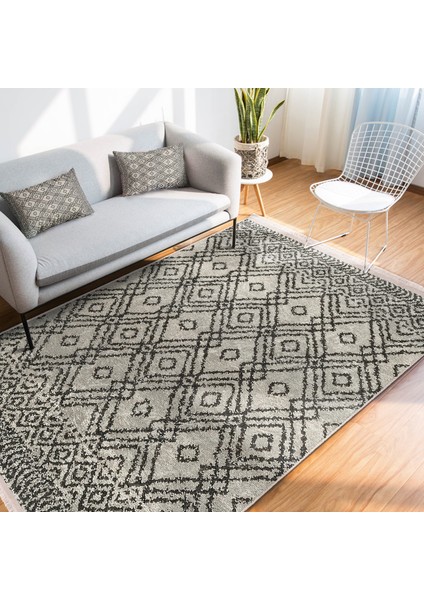 Krem - Kahverengi Zeminde Dokuma Halı Motifli Etnik Desenli Etnik Motifler Geometrik Dijital Baskılı Makinede Yıkanabilir Kaymaz Taban Saçaklı Halı