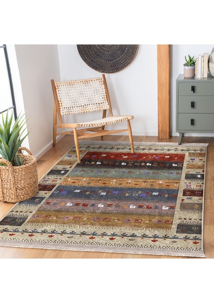 Krem - Kırmızı Zeminde Otantik Motifli Kilim Desenli Etnik Motifler Vintage Dijital Baskılı Makinede Yıkanabilir Kaymaz Taban Saçaklı Halı