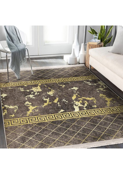 Kahverengi - Gold Zeminde Mermer Motifli Eskitme Desenli Geometrik Dijital Baskılı Makinede Yıkanabilir Kaymaz Taban Saçaklı Halı modelleri
