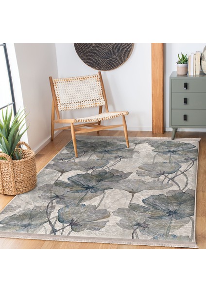 Ekru - Gri Zeminde Yağlıboya Motifli Çiçek Desenli Floral Vintage Dijital Baskılı Makinede Yıkanabilir Kaymaz Taban Saçaklı Halı indirimleri