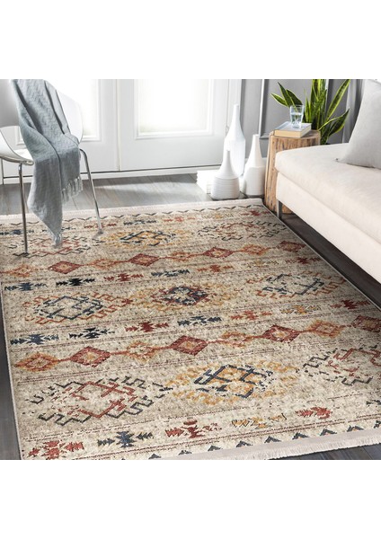 Krem Zeminde Kilim Motifli Baklava Desenli Etnik Motifler Vintage Dijital Baskılı Makinede Yıkanabilir Kaymaz Taban Saçaklı Halı modelleri