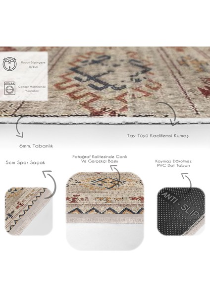 Krem Zeminde Kilim Motifli Baklava Desenli Etnik Motifler Vintage Dijital Baskılı Makinede Yıkanabilir Kaymaz Taban Saçaklı Halı fırsatları