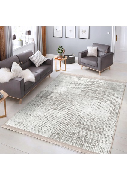 Beyaz - Ekru Zeminde Örgü Motifli Kilim Desenli Geometrik Eskitme Motifli Dijital Baskılı Makinede Yıkanabilir Kaymaz Taban Saçaklı Halı modelleri