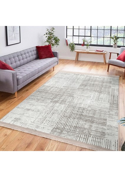 Beyaz - Ekru Zeminde Örgü Motifli Kilim Desenli Geometrik Eskitme Motifli Dijital Baskılı Makinede Yıkanabilir Kaymaz Taban Saçaklı Halı indirimleri