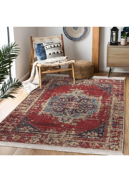 Kırmızı Zeminde Yöresel Motifli Kilim Desenli Eskitme Motifli Avangarde Dijital Baskılı Makinede Yıkanabilir Kaymaz Taban Saçaklı Halı modelleri