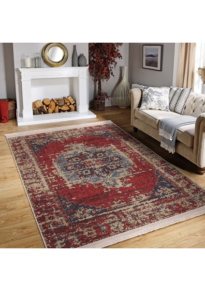 Kırmızı Zeminde Yöresel Motifli Kilim Desenli Eskitme Motifli Avangarde Dijital Baskılı Makinede Yıkanabilir Kaymaz Taban Saçaklı Halı indirimleri