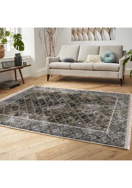 Kahverengi - Gri Zeminde Çerçeveli Motifli Morrocan Desenli Eskitme Motifli Geometrik Dijital Baskılı Makinede Yıkanabilir Kaymaz Taban Saçaklı Halı