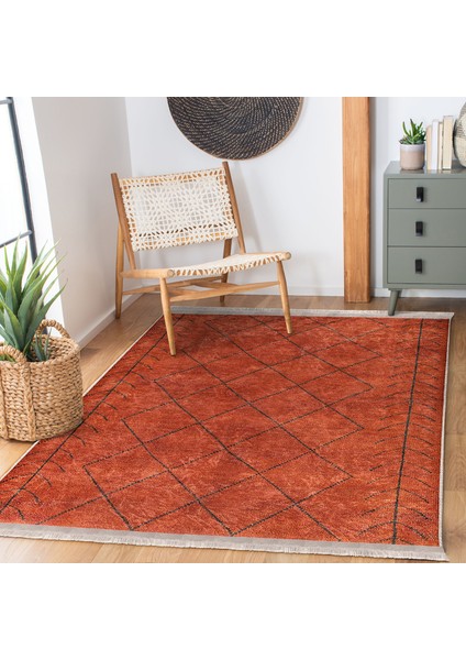 Turuncu Zeminde Yöresel Motifli Tribal Desenli Geometrik Eskitme Motifli Dijital Baskılı Makinede Yıkanabilir Kaymaz Taban Saçaklı Halı