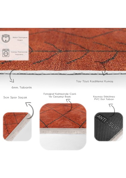 Turuncu Zeminde Yöresel Motifli Tribal Desenli Geometrik Eskitme Motifli Dijital Baskılı Makinede Yıkanabilir Kaymaz Taban Saçaklı Halı