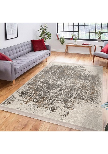 Krem Zeminde Antik Motifli Eskitme Desenli Eskitme Motifli Vintage Dijital Baskılı Makinede Yıkanabilir Kaymaz Taban Saçaklı Halı modelleri