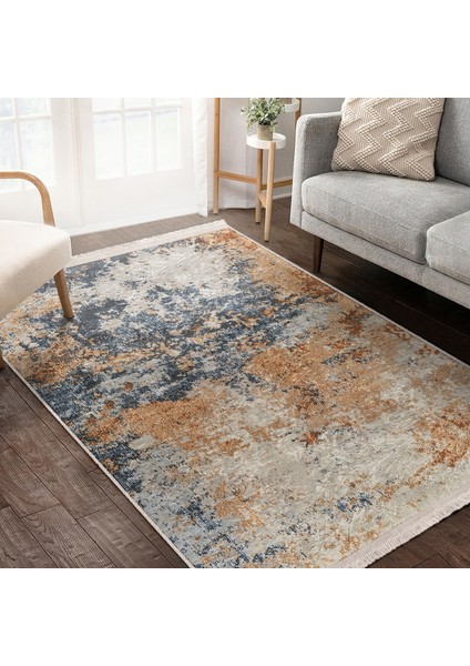 Mavi - Yavruağzı Zeminde Dokuma Motifli Kilim Desenli Eskitme Motifli Vintage Dijital Baskılı Makinede Yıkanabilir Kaymaz Taban Saçaklı Halı fiyatları