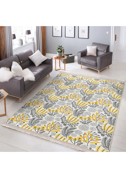 Sarı - Gri Zeminde Çiçek ve Yaprak Motifli Floral Desenli Floral Klasik Dijital Baskılı Makinede Yıkanabilir Kaymaz Taban Saçaklı Halı