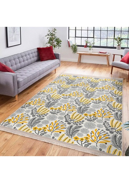 Sarı - Gri Zeminde Çiçek ve Yaprak Motifli Floral Desenli Floral Klasik Dijital Baskılı Makinede Yıkanabilir Kaymaz Taban Saçaklı Halı