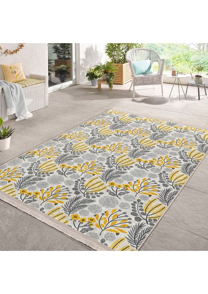 Sarı - Gri Zeminde Çiçek ve Yaprak Motifli Floral Desenli Floral Klasik Dijital Baskılı Makinede Yıkanabilir Kaymaz Taban Saçaklı Halı