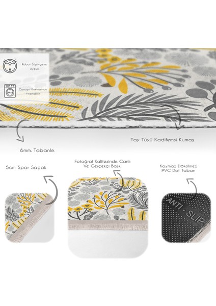 Sarı - Gri Zeminde Çiçek ve Yaprak Motifli Floral Desenli Floral Klasik Dijital Baskılı Makinede Yıkanabilir Kaymaz Taban Saçaklı Halı
