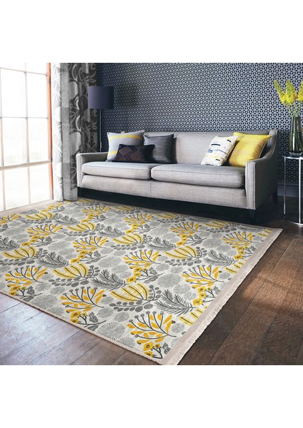Sarı - Gri Zeminde Çiçek ve Yaprak Motifli Floral Desenli Floral Klasik Dijital Baskılı Makinede Yıkanabilir Kaymaz Taban Saçaklı Halı