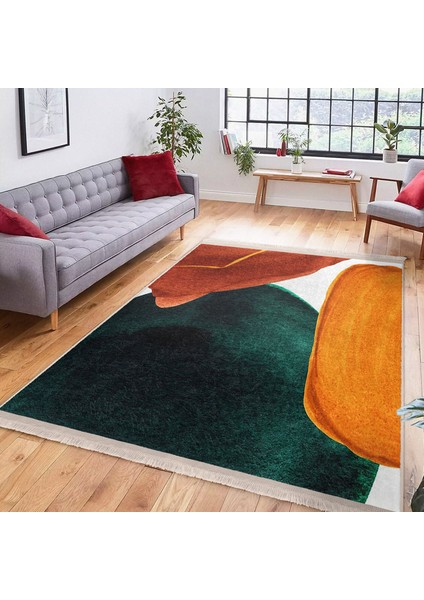 Sarı - Lacivert Zeminde Tablo Motifli Abstract Desenli Bohem Modern Mutfak Banyo Dijital Baskılı Makinede Yıkanabilir Kaymaz Taban Saçaklı Halı