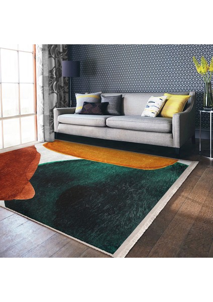 Sarı - Lacivert Zeminde Tablo Motifli Abstract Desenli Bohem Modern Mutfak Banyo Dijital Baskılı Makinede Yıkanabilir Kaymaz Taban Saçaklı Halı