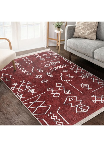 Kırmızı Zeminde Etnik Motifli Tribal Desenli Etnik Motifler Geometrik Dijital Baskılı Makinede Yıkanabilir Kaymaz Taban Saçaklı Halı fiyatları